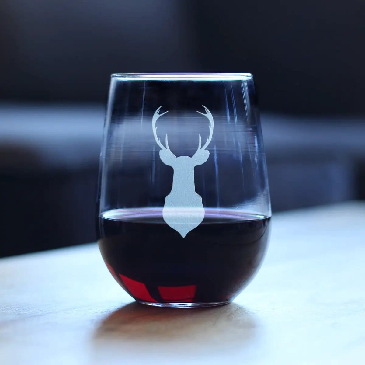 Etched Stemless Wine Glass | 17 oz | Dishwasher Safe | Deer Head