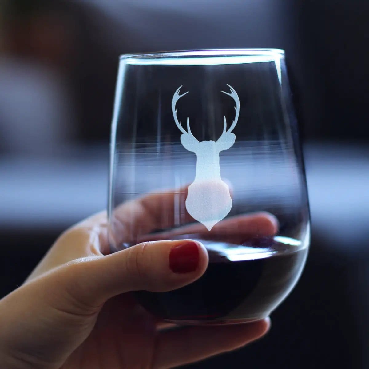 Etched Stemless Wine Glass | 17 oz | Dishwasher Safe | Deer Head