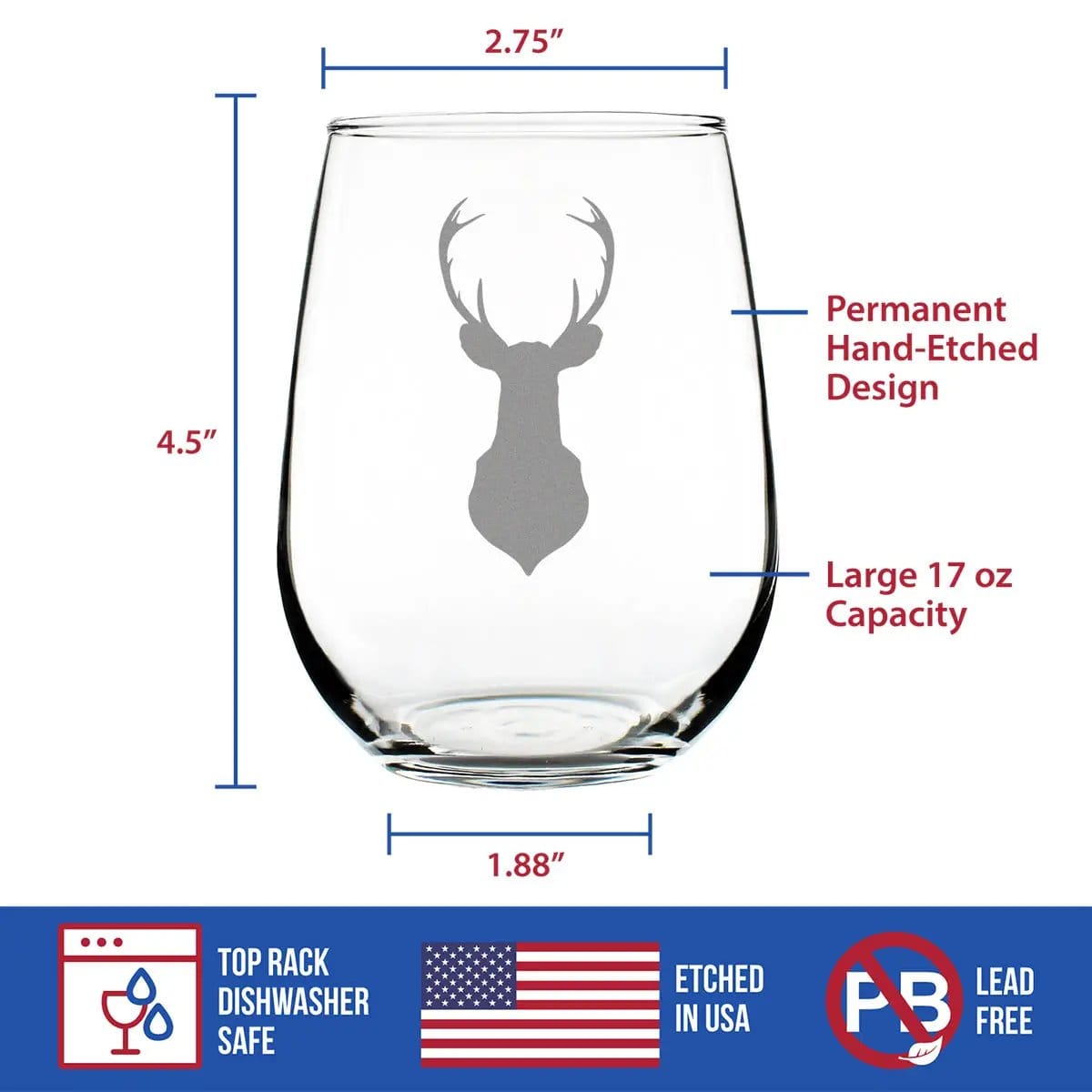 Etched Stemless Wine Glass | 17 oz | Dishwasher Safe | Deer Head