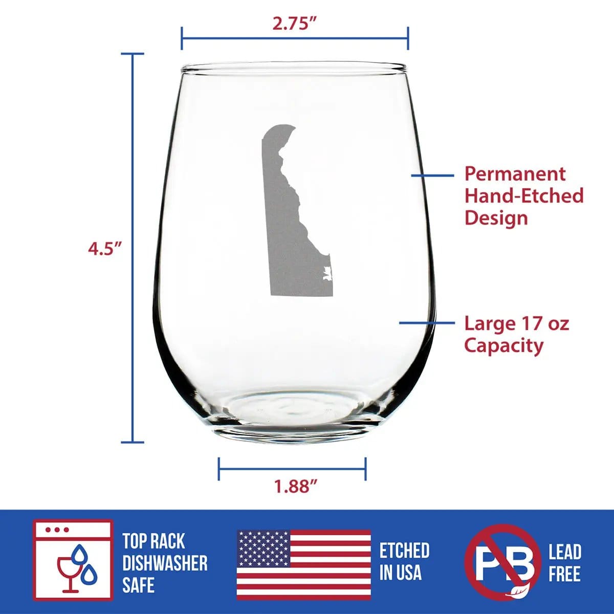 Etched Stemless Wine Glass | 17 oz | Dishwasher Safe | Delaware State Outline