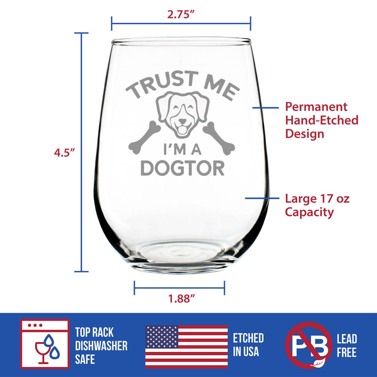 Etched Stemless Wine Glass | 17 oz | Dishwasher Safe | Dogtor