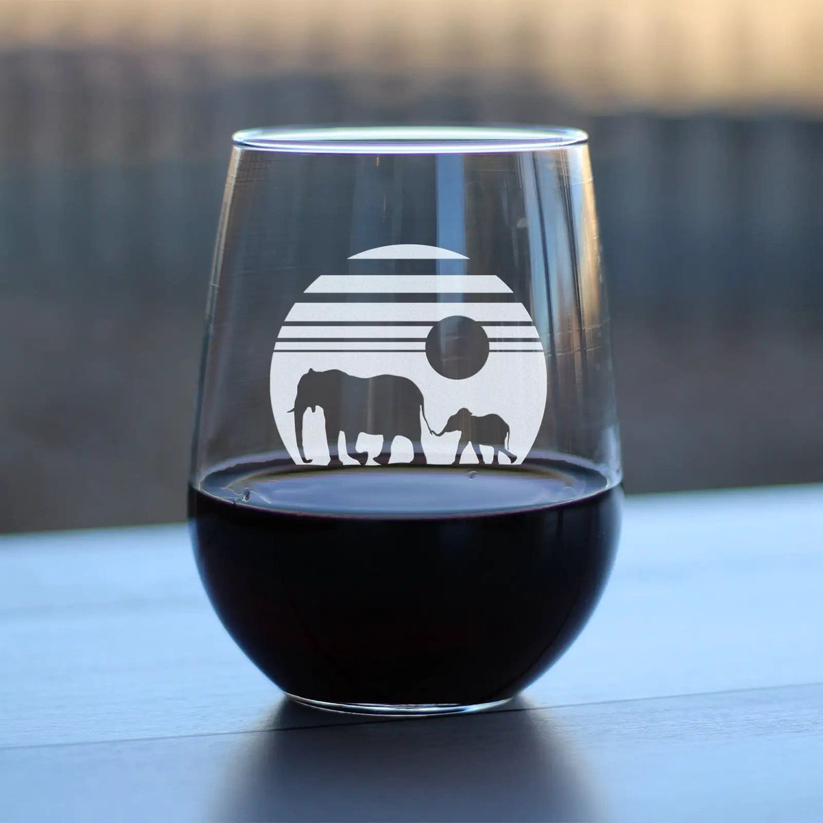 Etched Stemless Wine Glass | 17 oz | Dishwasher Safe | Elephant Sunset
