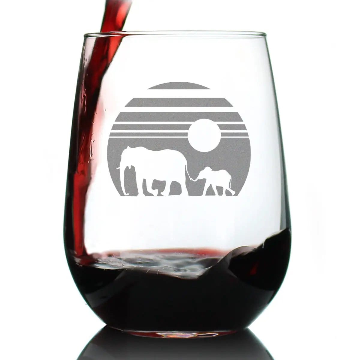 Etched Stemless Wine Glass | 17 oz | Dishwasher Safe | Elephant Sunset