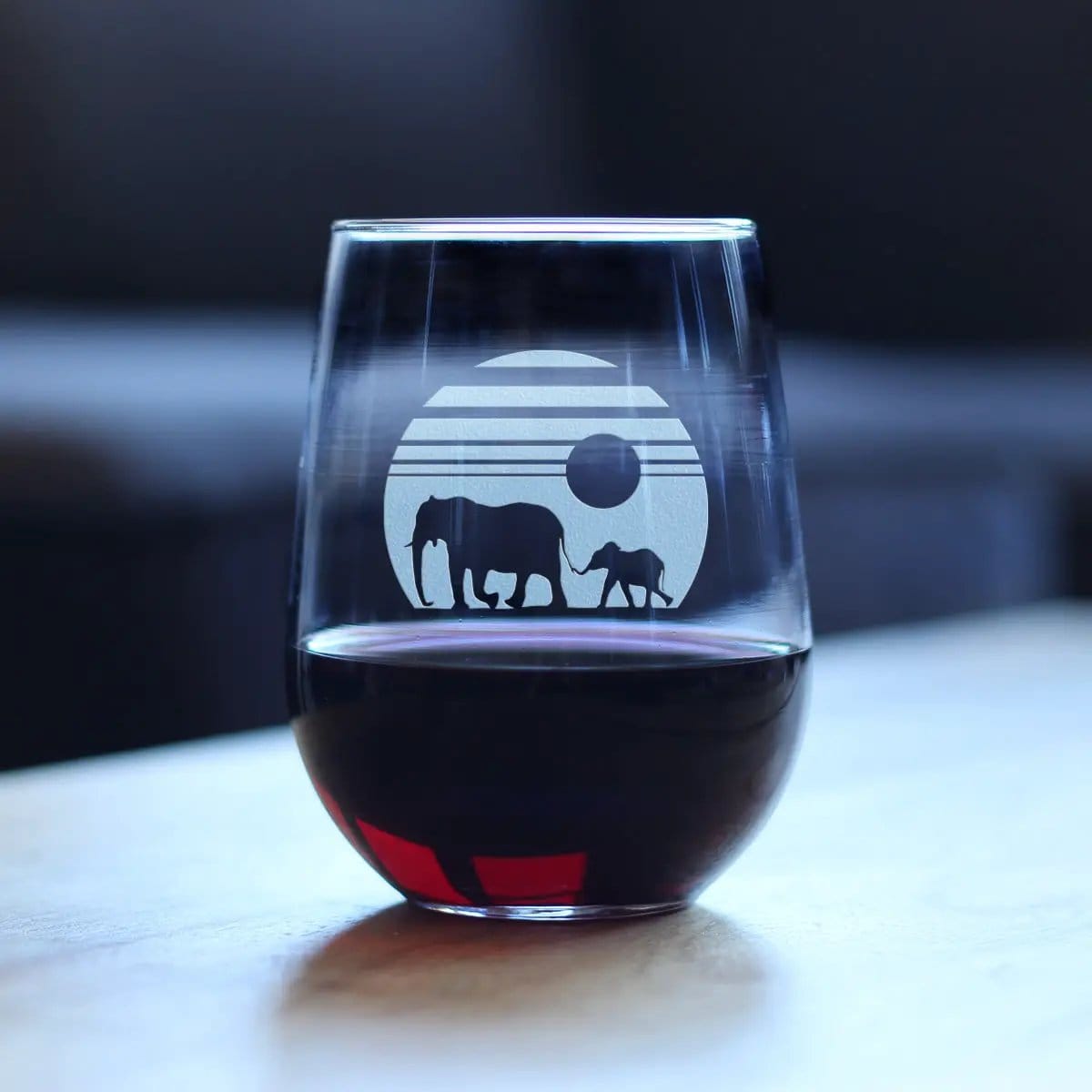 Etched Stemless Wine Glass | 17 oz | Dishwasher Safe | Elephant Sunset