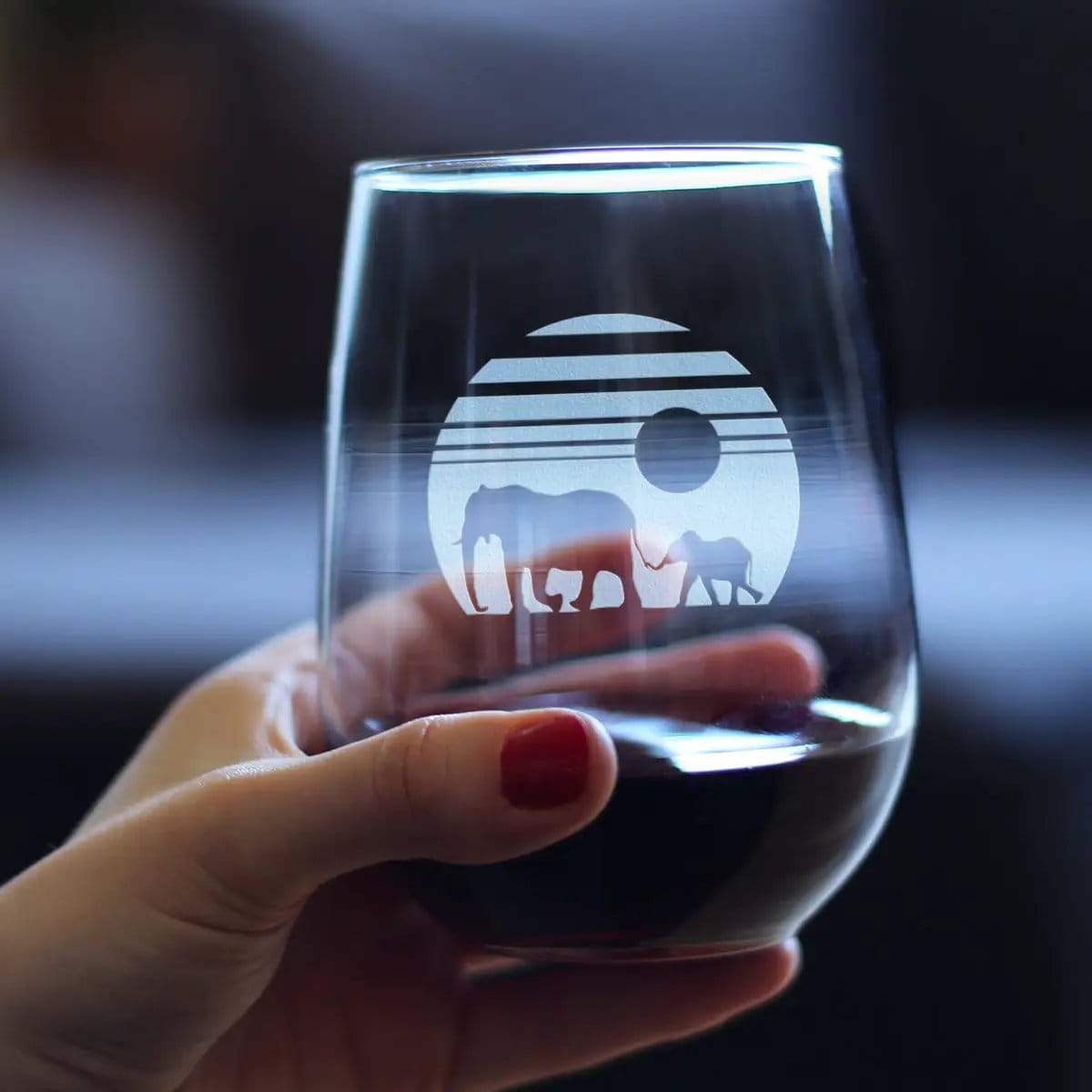 Etched Stemless Wine Glass | 17 oz | Dishwasher Safe | Elephant Sunset