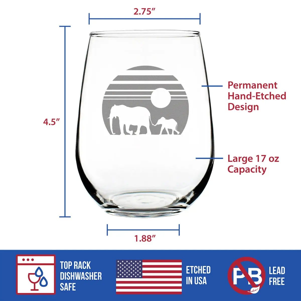 Etched Stemless Wine Glass | 17 oz | Dishwasher Safe | Elephant Sunset