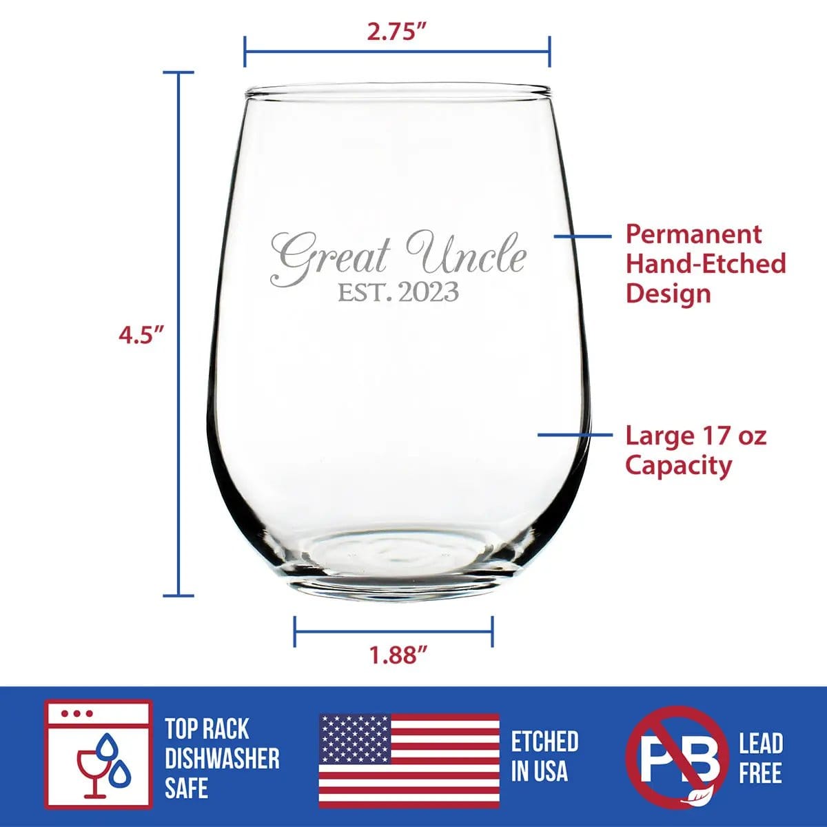 Etched Stemless Wine Glass | 17 oz | Dishwasher Safe | Great Uncle Est. 2023 - Decorative
