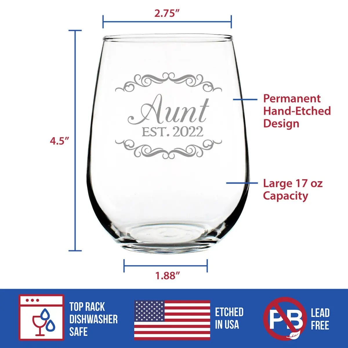 Etched Stemless Wine Glass | 17 oz | Dishwasher Safe | Aunt Est 2022 - New Aunties (Style 2)