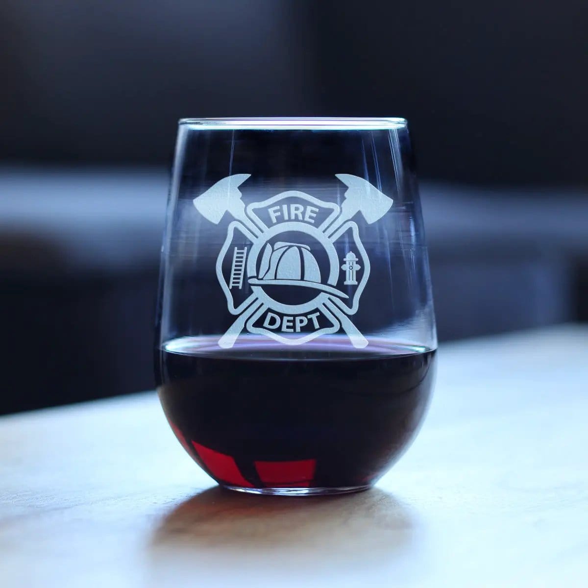 Etched Stemless Wine Glass | 17 oz | Dishwasher Safe | Firefighter Symbol Engraved
