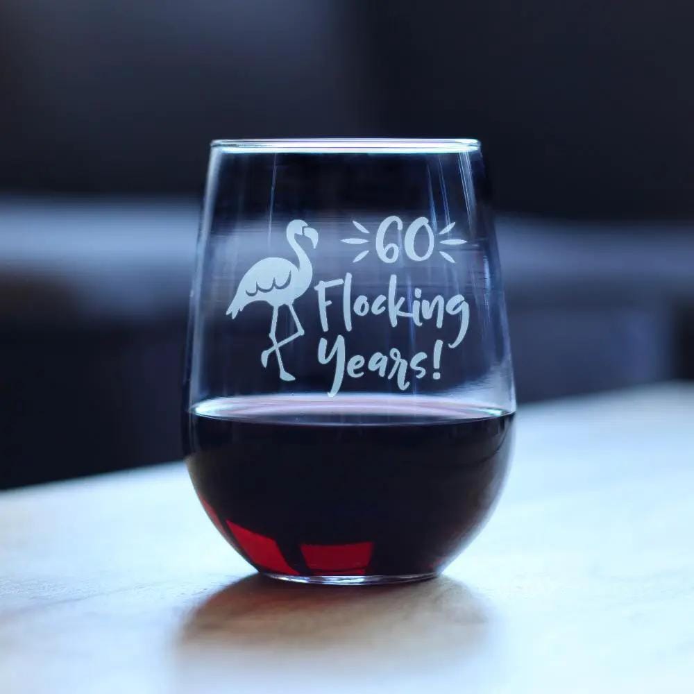 Etched Stemless Wine Glass | 17 oz | Dishwasher Safe | 60 Flocking Years