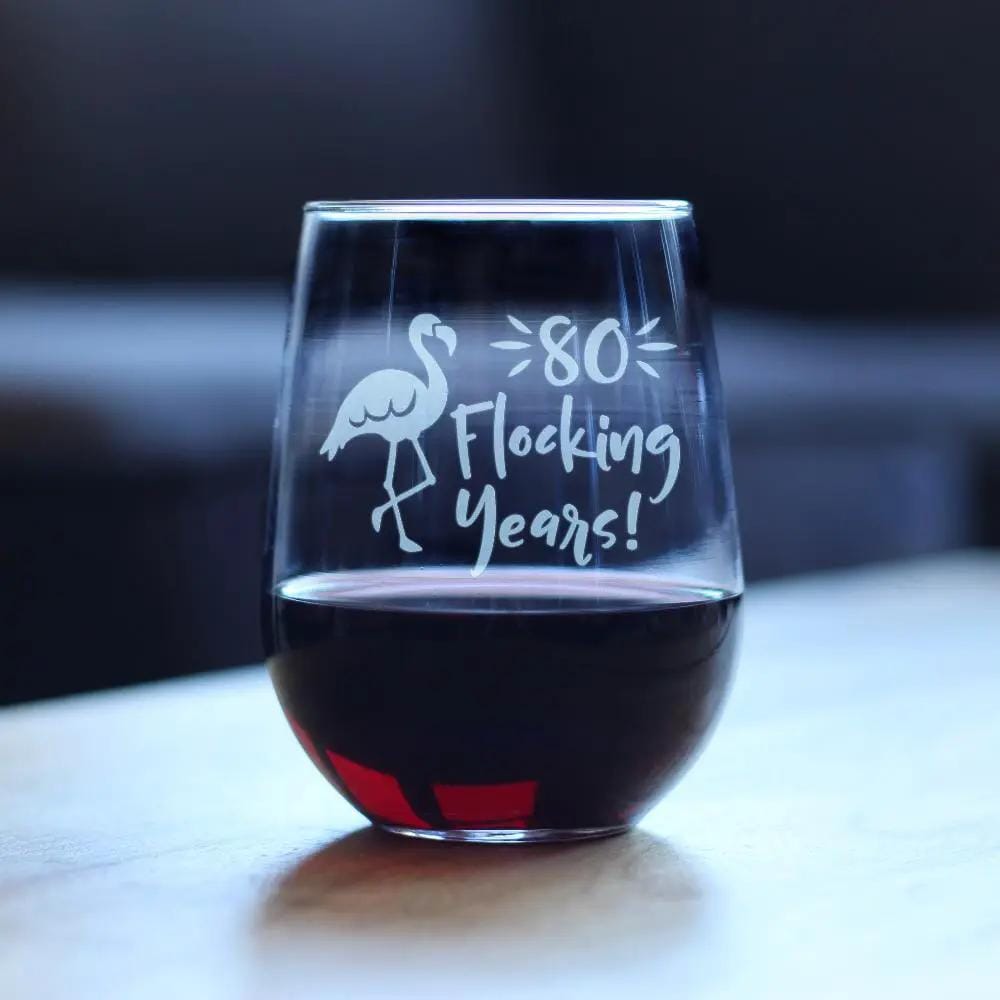 Etched Stemless Wine Glass | 17 oz | Dishwasher Safe | 80 Flocking Years