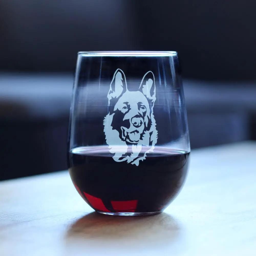 Etched Stemless Wine Glass | 17 oz | Dishwasher Safe | German Shepherd Happy Face