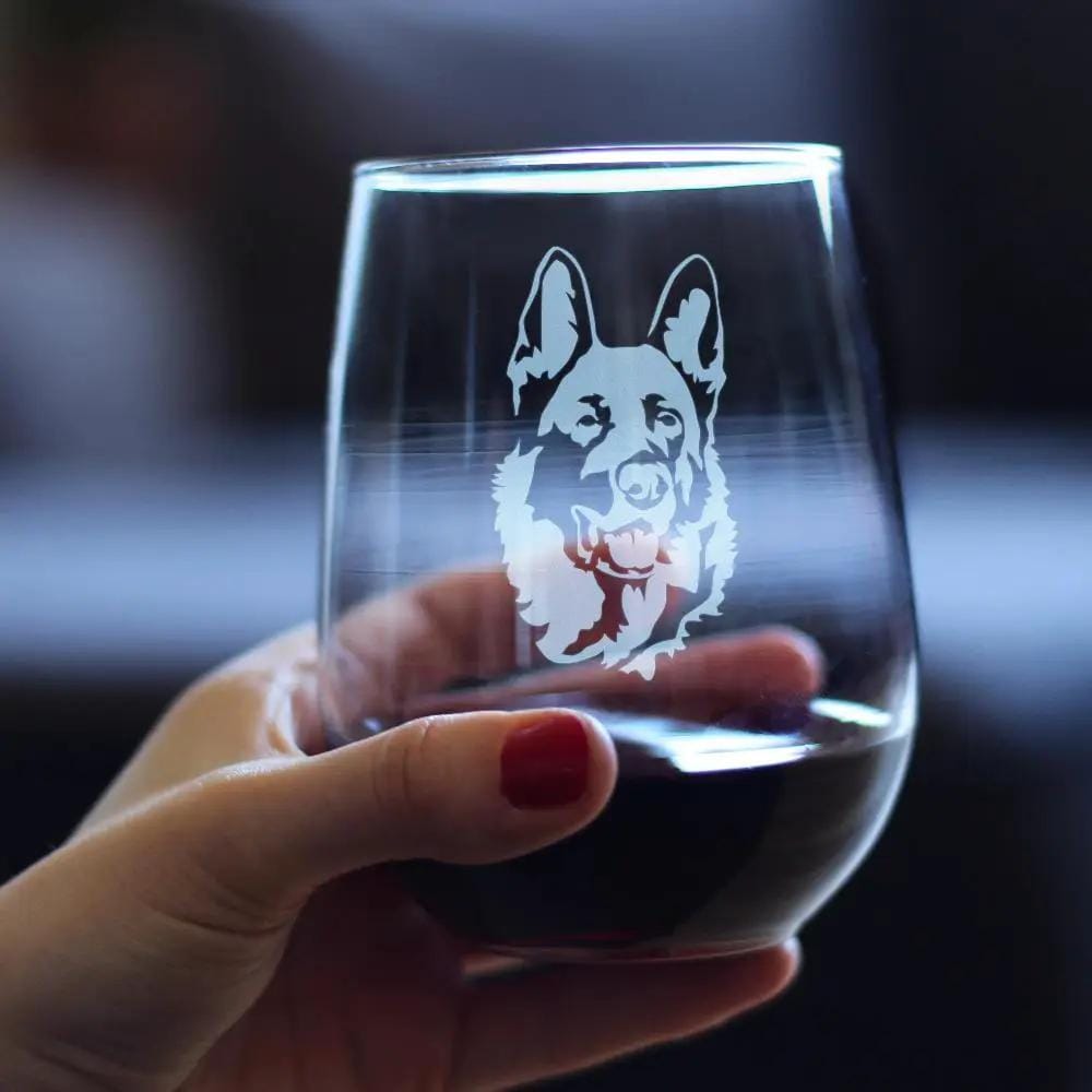Etched Stemless Wine Glass | 17 oz | Dishwasher Safe | German Shepherd Happy Face