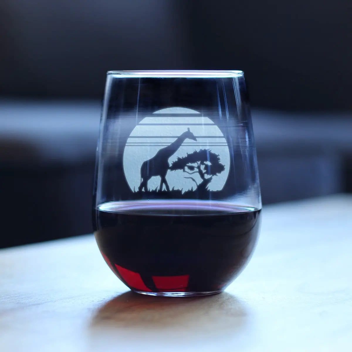 Etched Stemless Wine Glass | 17 oz | Dishwasher Safe | Giraffe Sunset