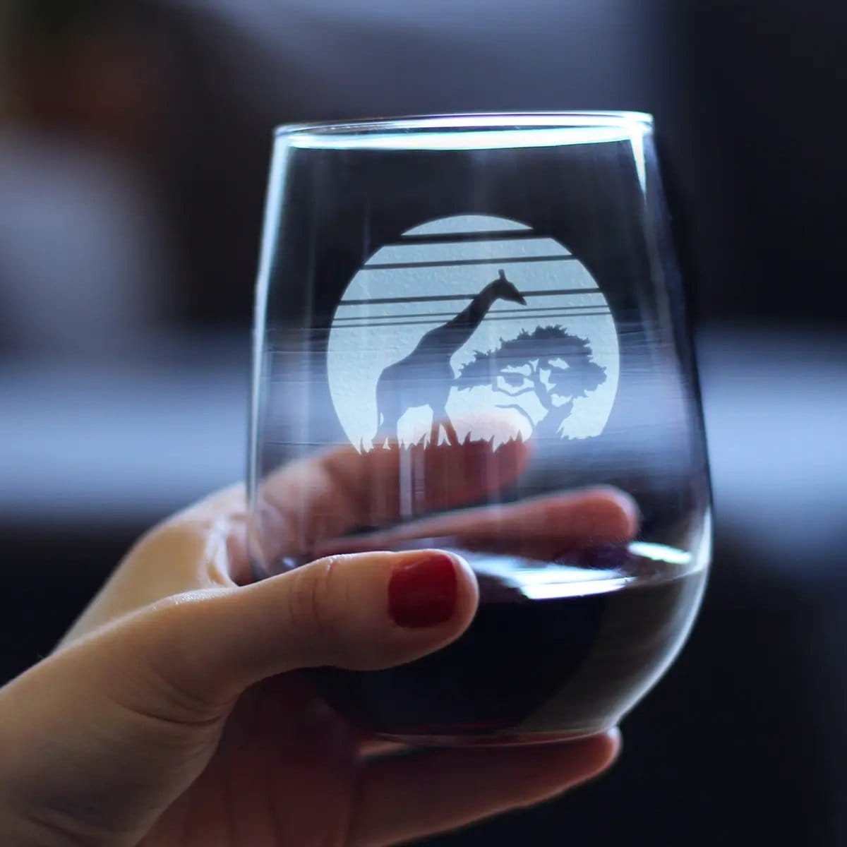 Etched Stemless Wine Glass | 17 oz | Dishwasher Safe | Giraffe Sunset