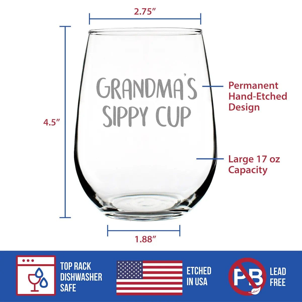 Etched Stemless Wine Glass | 17 oz | Dishwasher Safe | Grandma's Sippy Cup