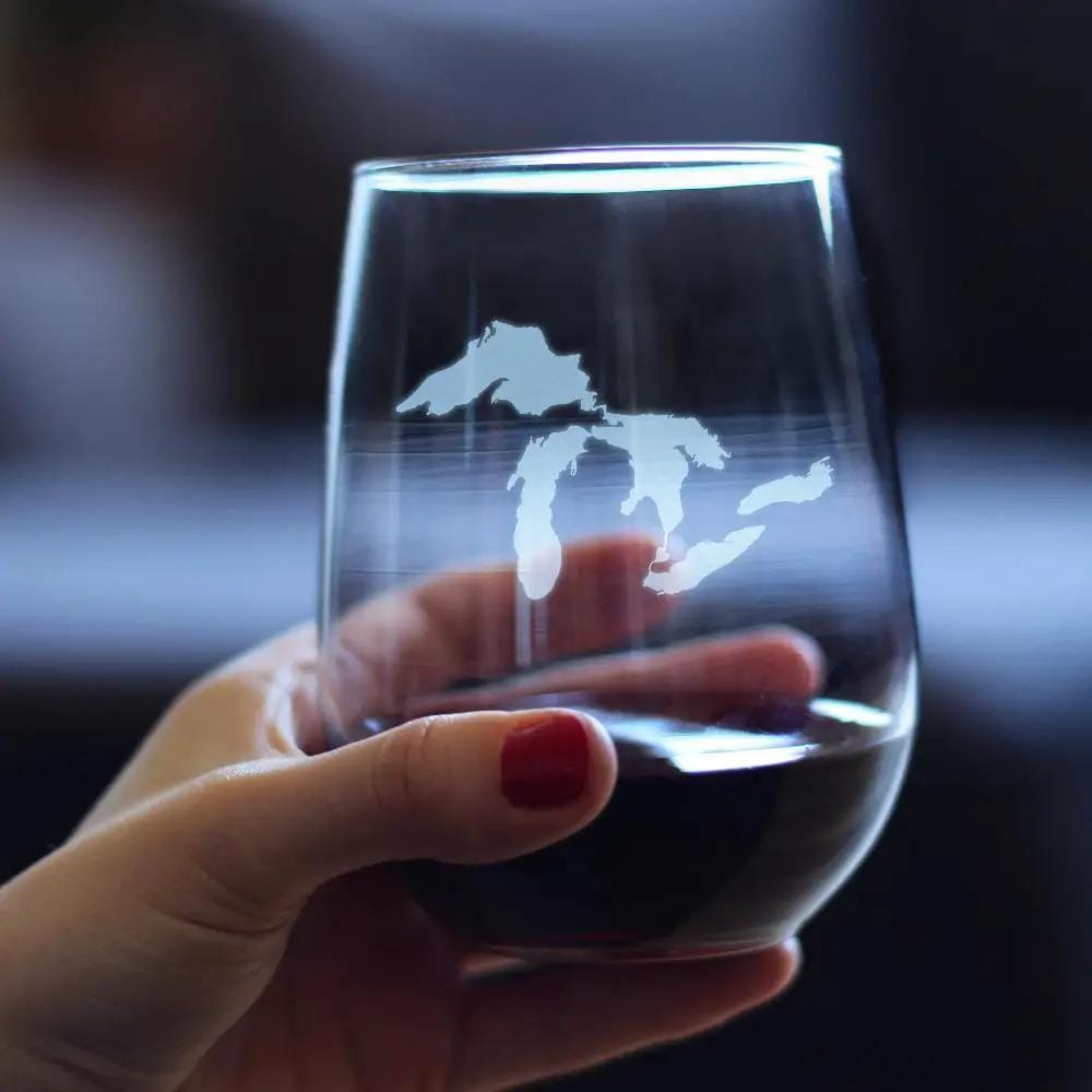 Etched Stemless Wine Glass | 17 oz | Dishwasher Safe | Great Lakes Map