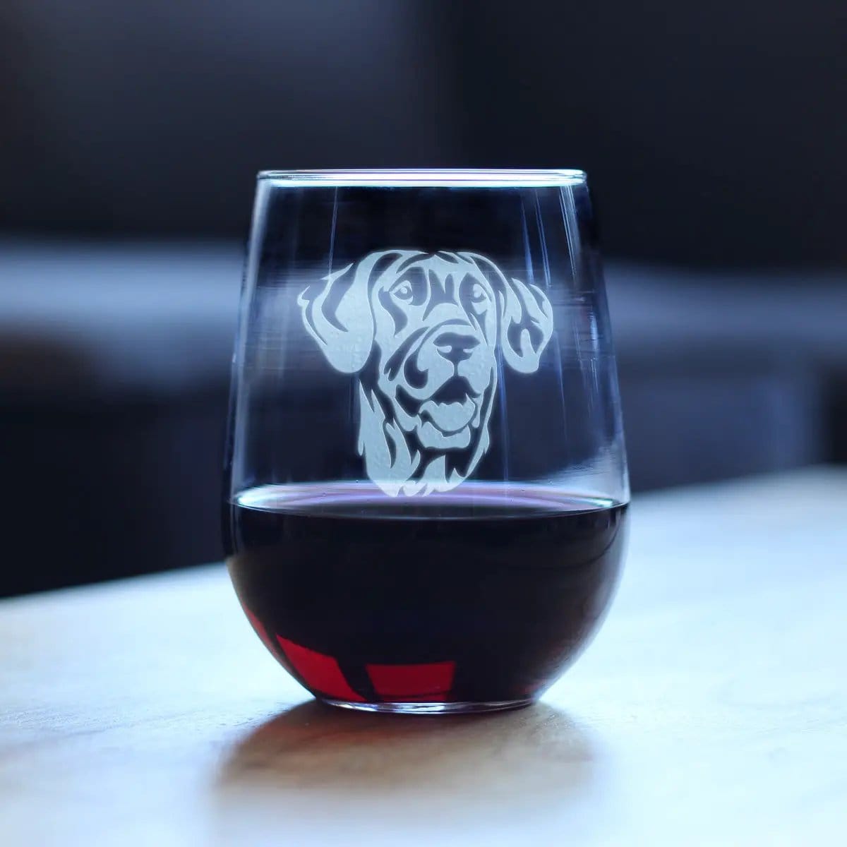Etched Stemless Wine Glass | 17 oz | Dishwasher Safe | Great Dane Face