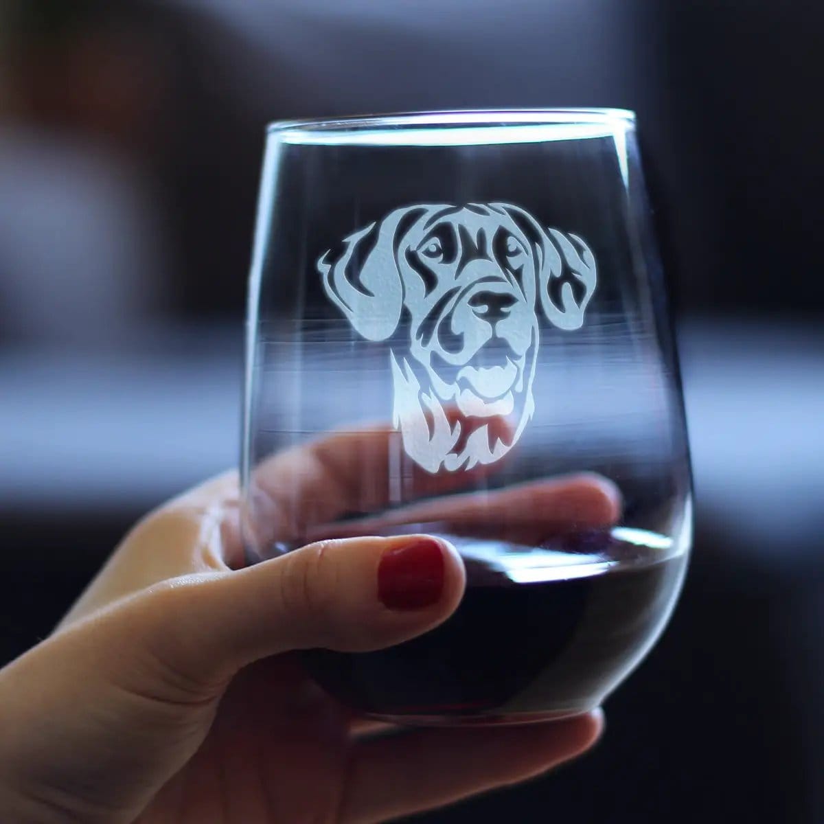 Etched Stemless Wine Glass | 17 oz | Dishwasher Safe | Great Dane Face