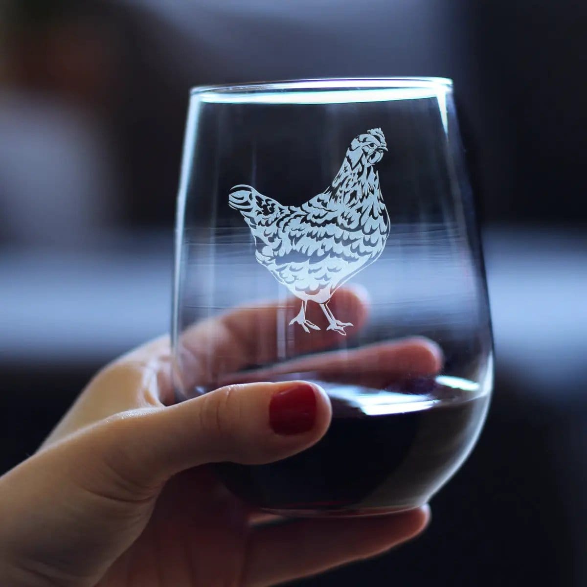 Etched Stemless Wine Glass | 17 oz | Dishwasher Safe | Hen
