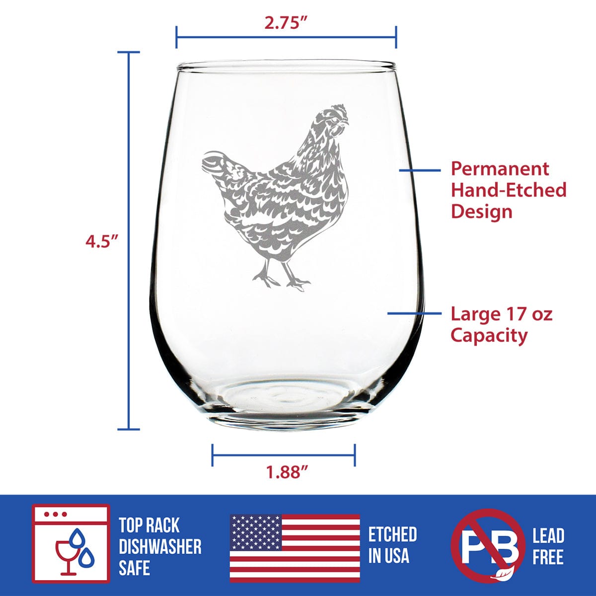 Etched Stemless Wine Glass | 17 oz | Dishwasher Safe | Hen