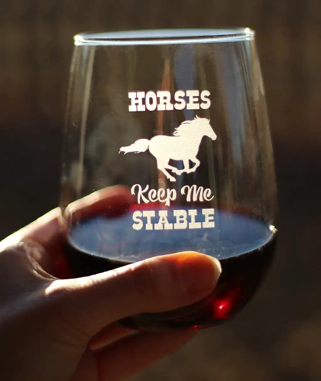 Etched Stemless Wine Glass | 17 oz | Dishwasher Safe | Horses Keep Me Stable