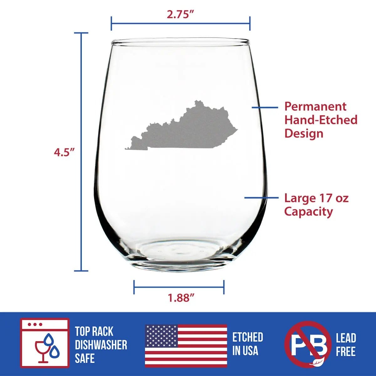 Etched Stemless Wine Glass | 17 oz | Dishwasher Safe | Kentucky State Outline