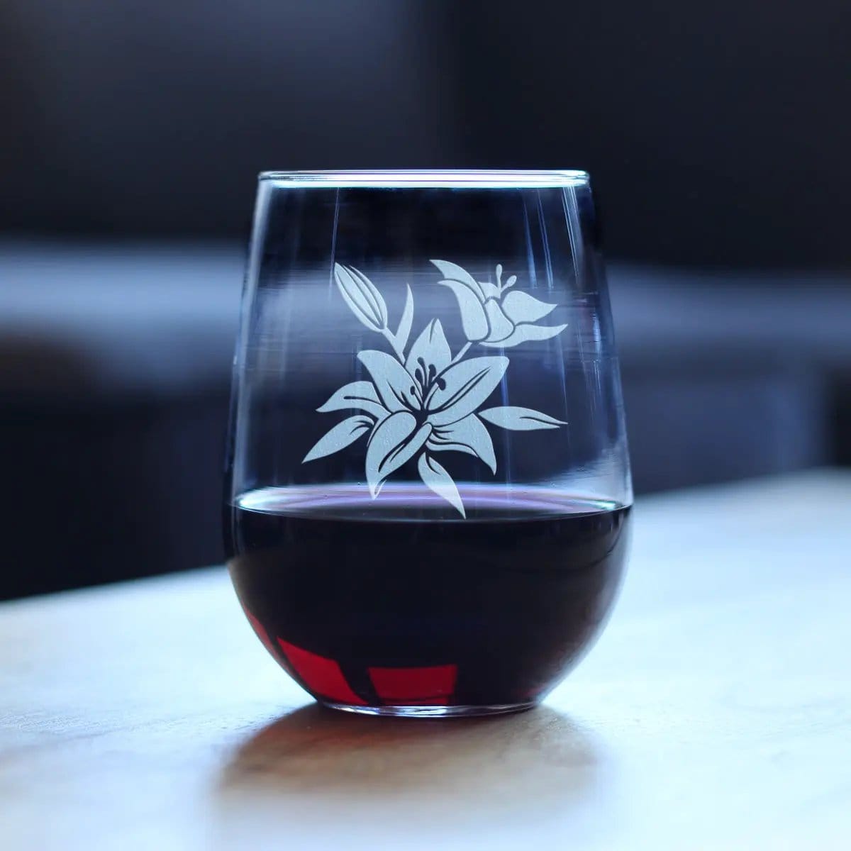 Etched Stemless Wine Glass | 17 oz | Dishwasher Safe | Lily