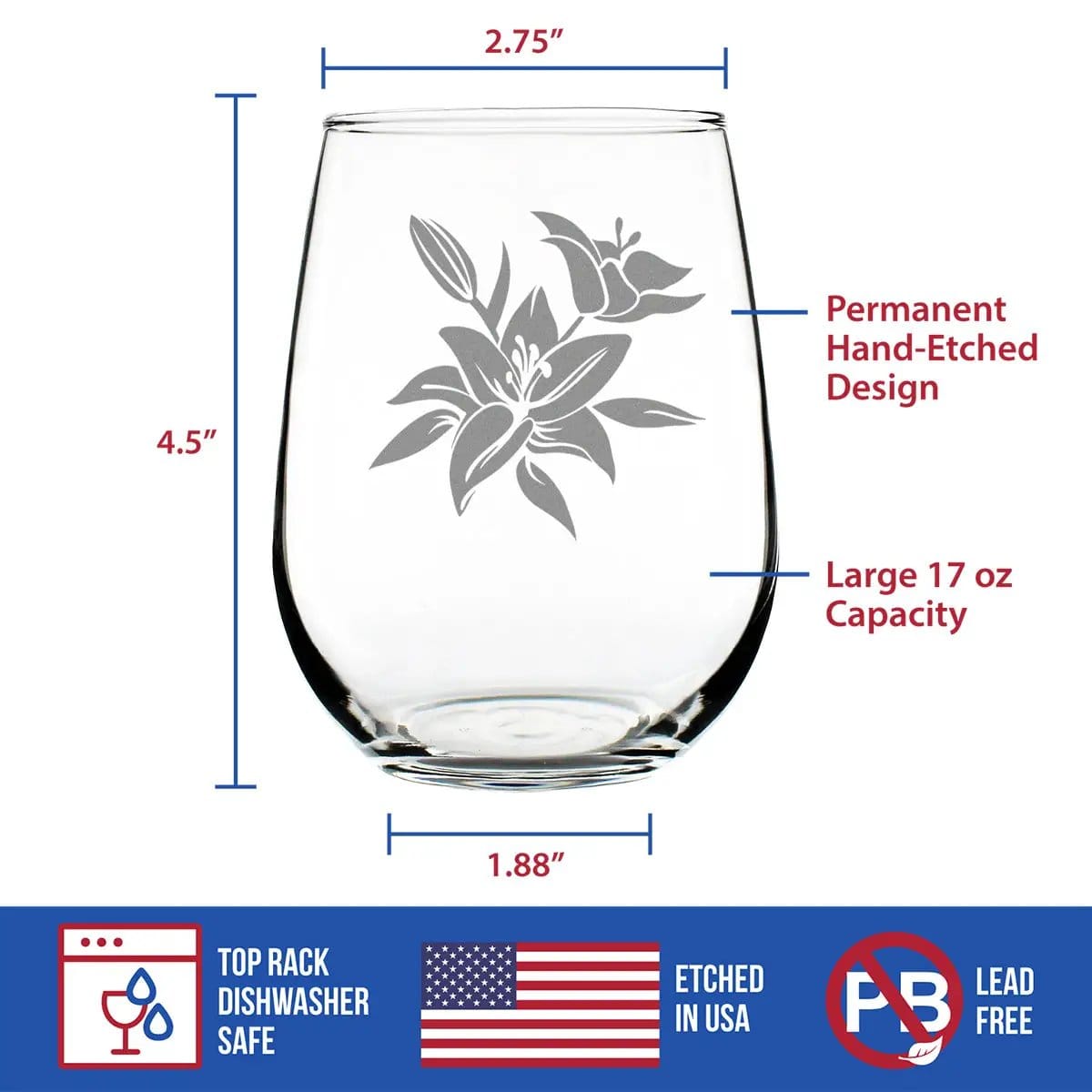 Etched Stemless Wine Glass | 17 oz | Dishwasher Safe | Lily