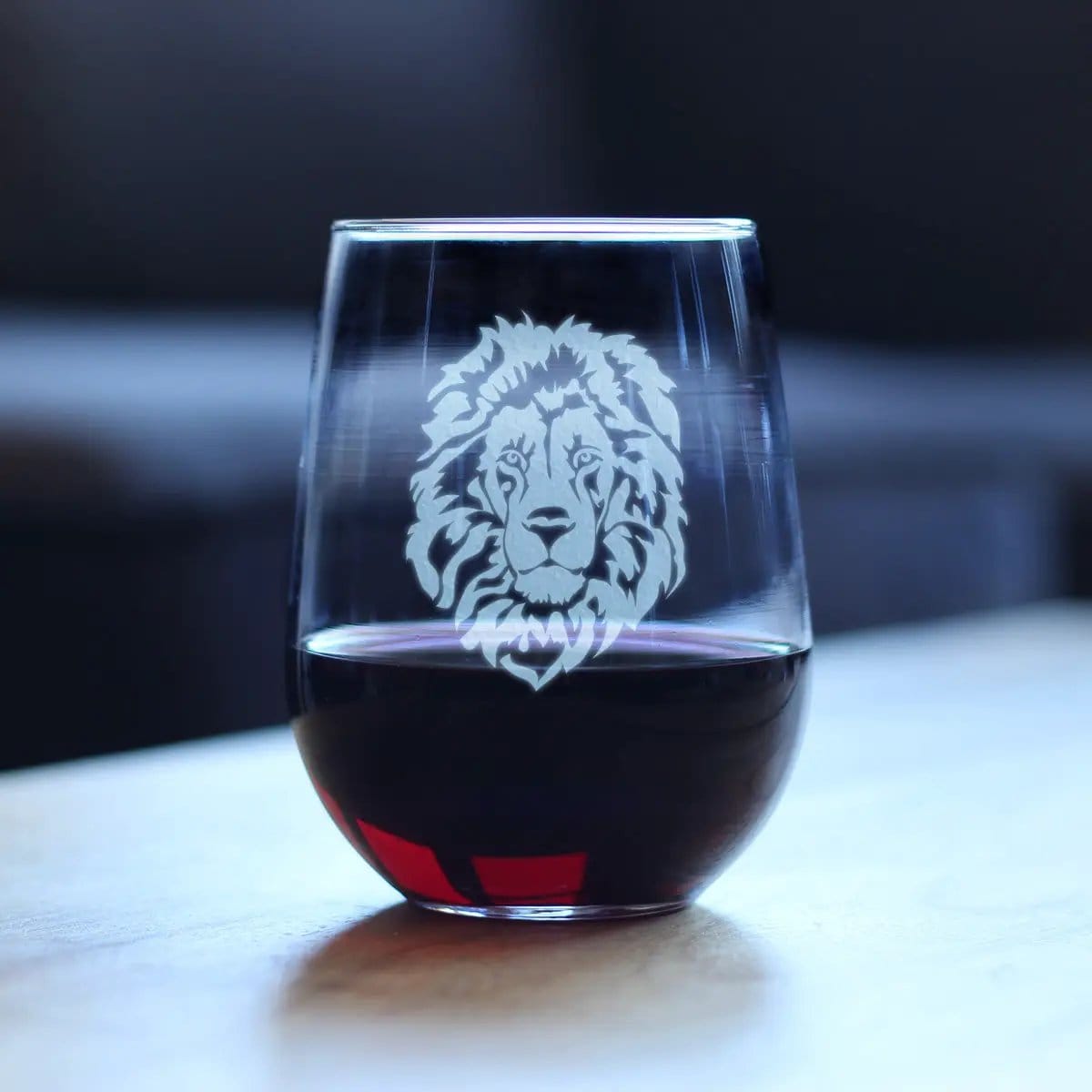 Etched Stemless Wine Glass | 17 oz | Dishwasher Safe | Lion