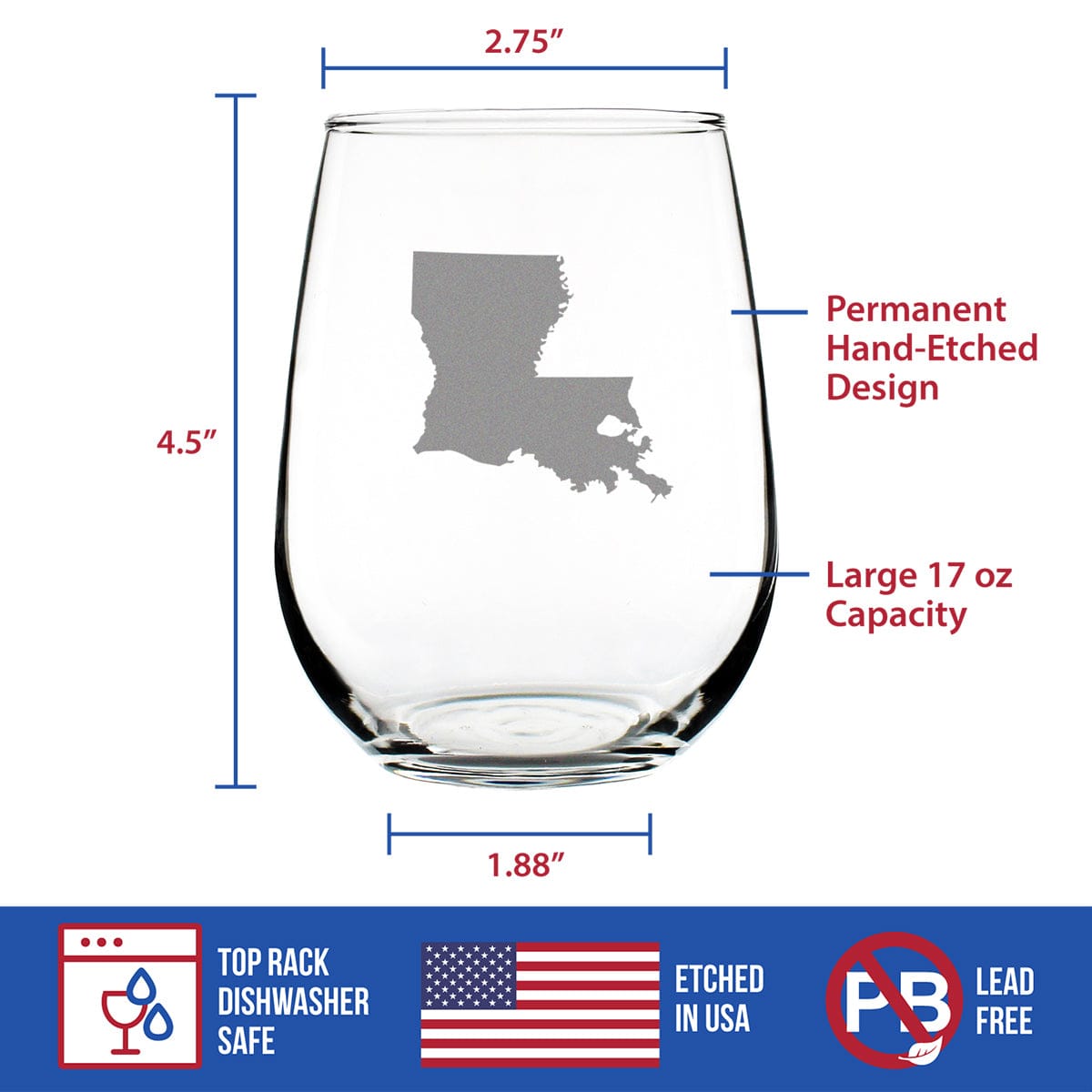 Etched Stemless Wine Glass | 17 oz | Dishwasher Safe | Louisiana State Outline