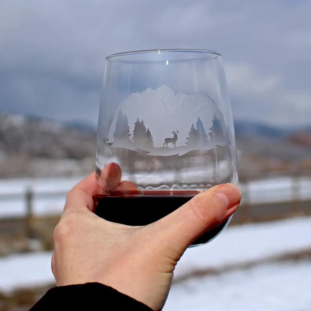 Etched Stemless Wine Glass | 17 oz | Dishwasher Safe | Majestic Mountains