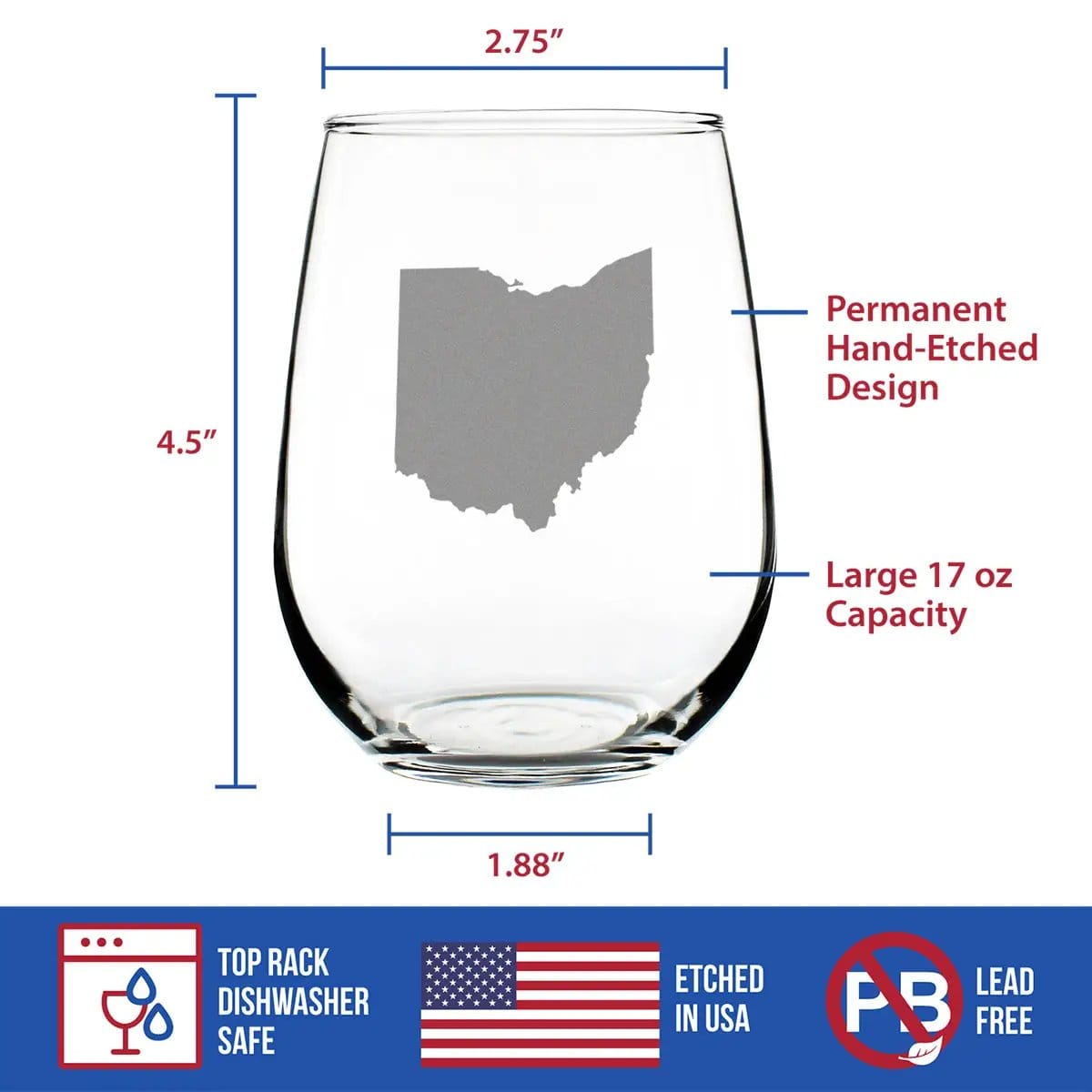 Etched Stemless Wine Glass | 17 oz | Dishwasher Safe | Ohio State Outline