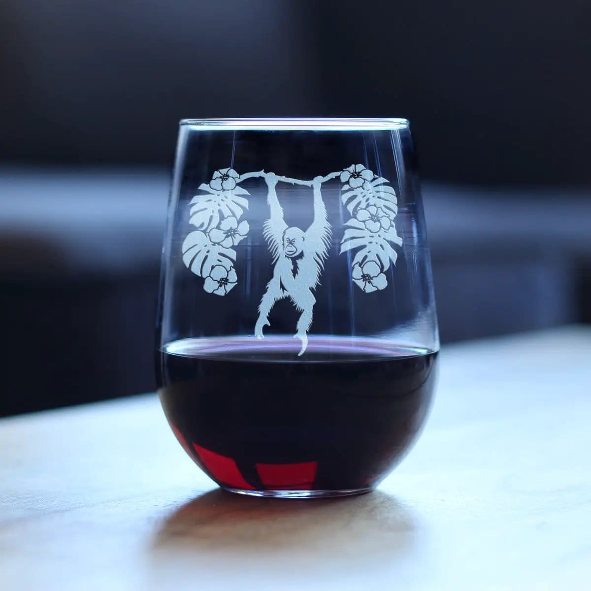 Etched Stemless Wine Glass | 17 oz | Dishwasher Safe | Orangutan