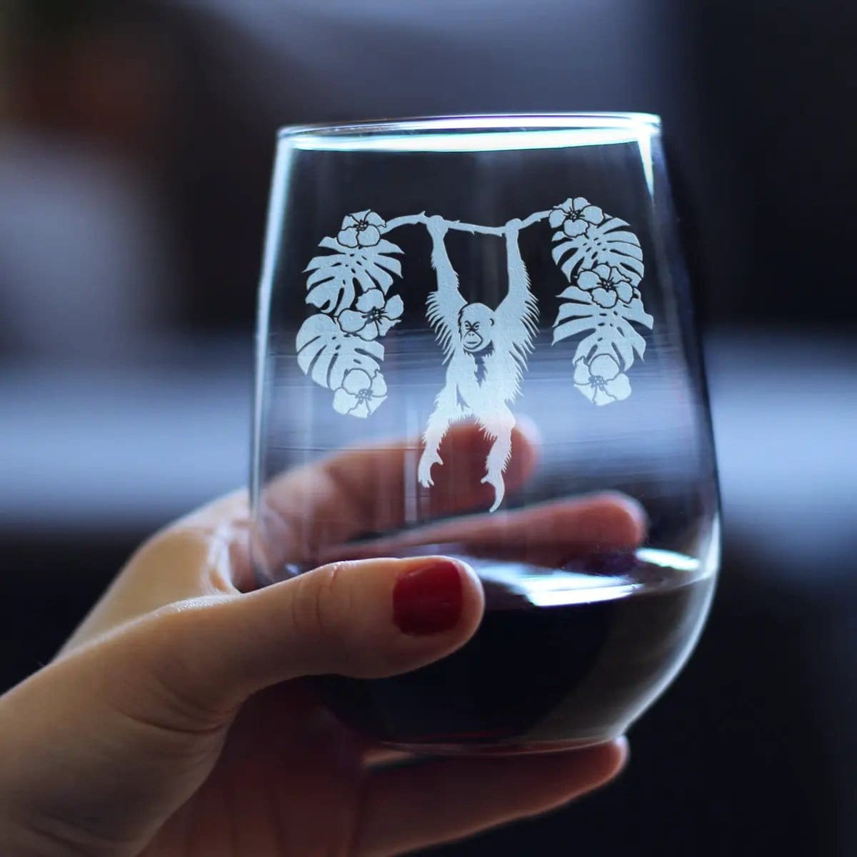 Etched Stemless Wine Glass | 17 oz | Dishwasher Safe | Orangutan