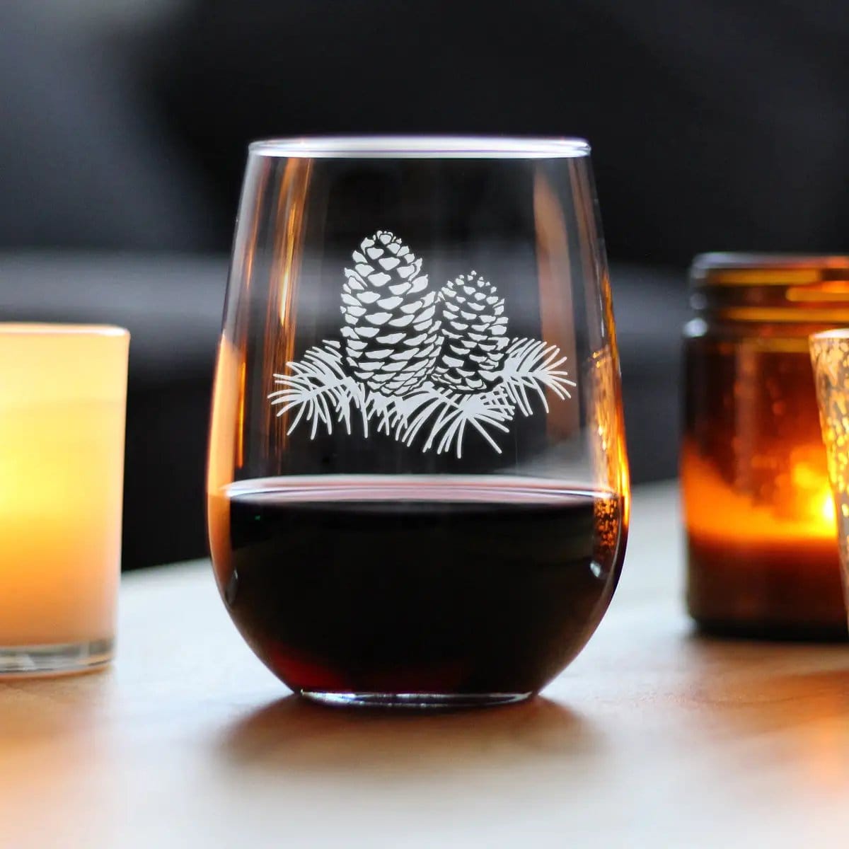 Etched Stemless Wine Glass | 17 oz | Dishwasher Safe | Pine Cone (Style 2)