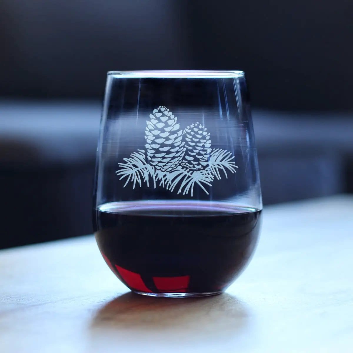 Etched Stemless Wine Glass | 17 oz | Dishwasher Safe | Pine Cone (Style 2)