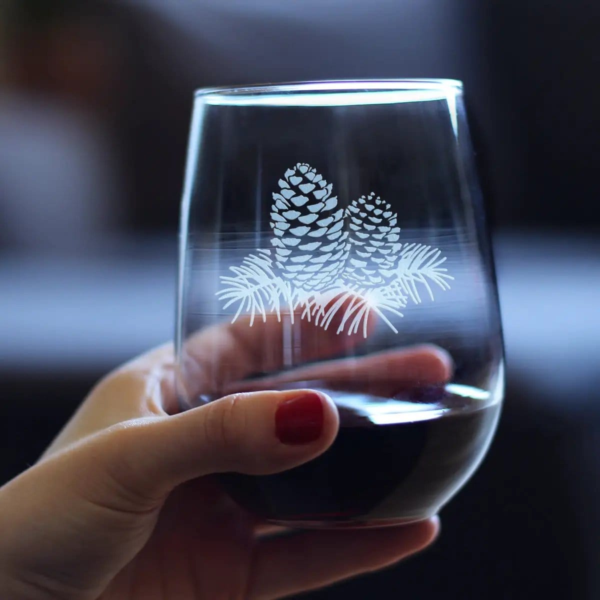 Etched Stemless Wine Glass | 17 oz | Dishwasher Safe | Pine Cone (Style 2)