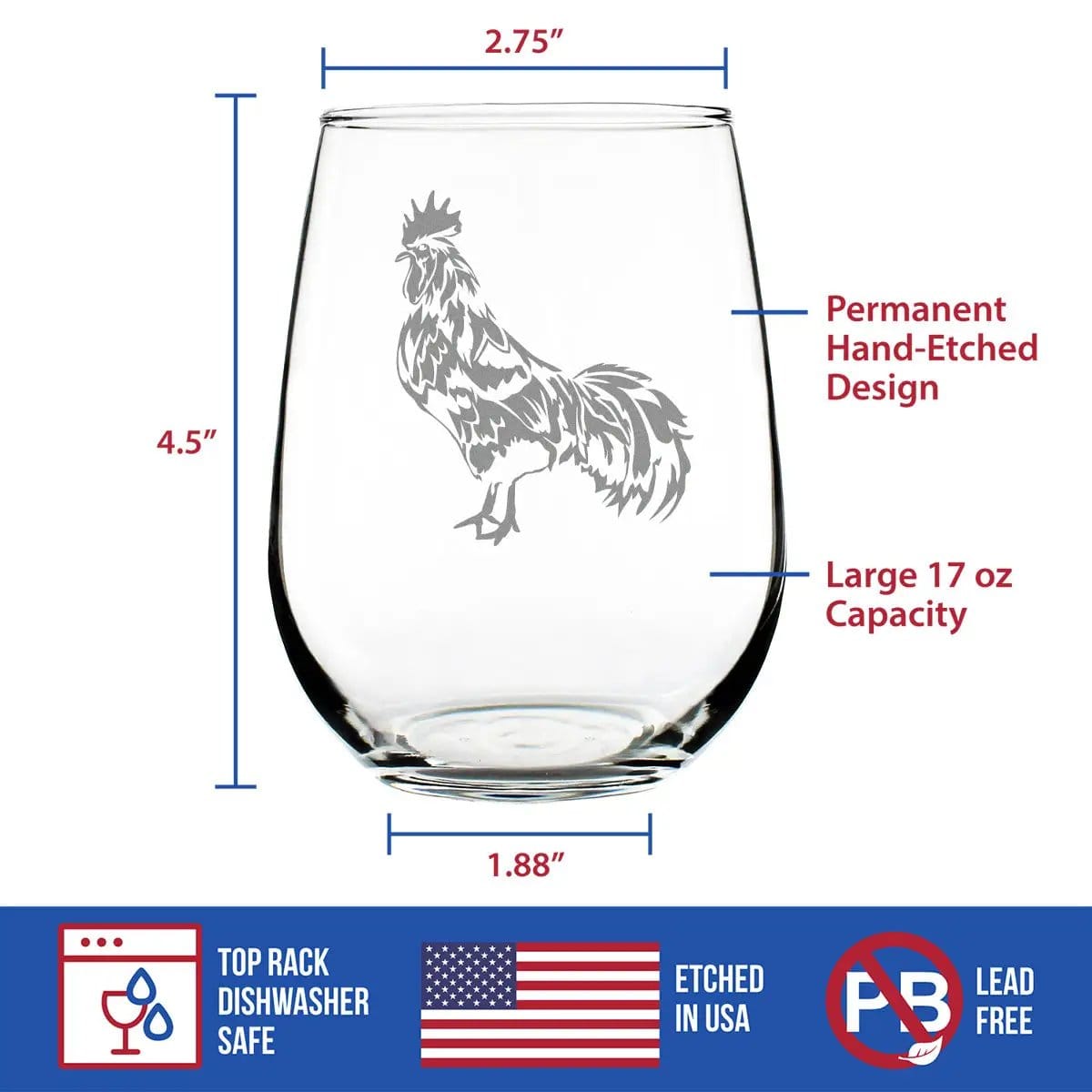 Etched Stemless Wine Glass | 17 oz | Dishwasher Safe | Rooster