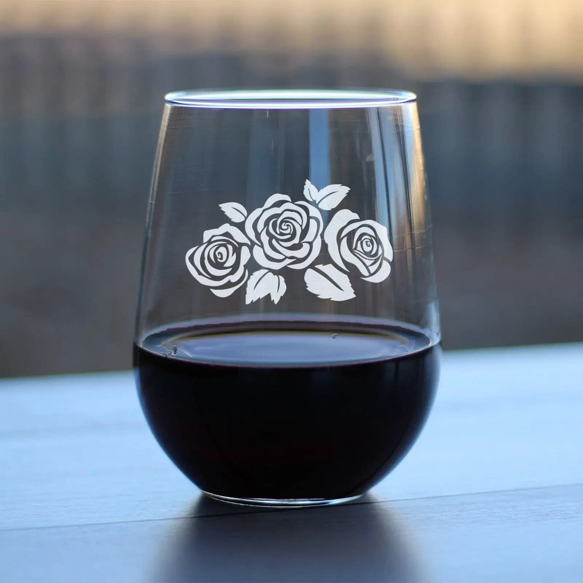 Etched Stemless Wine Glass | 17 oz | Dishwasher Safe | Roses