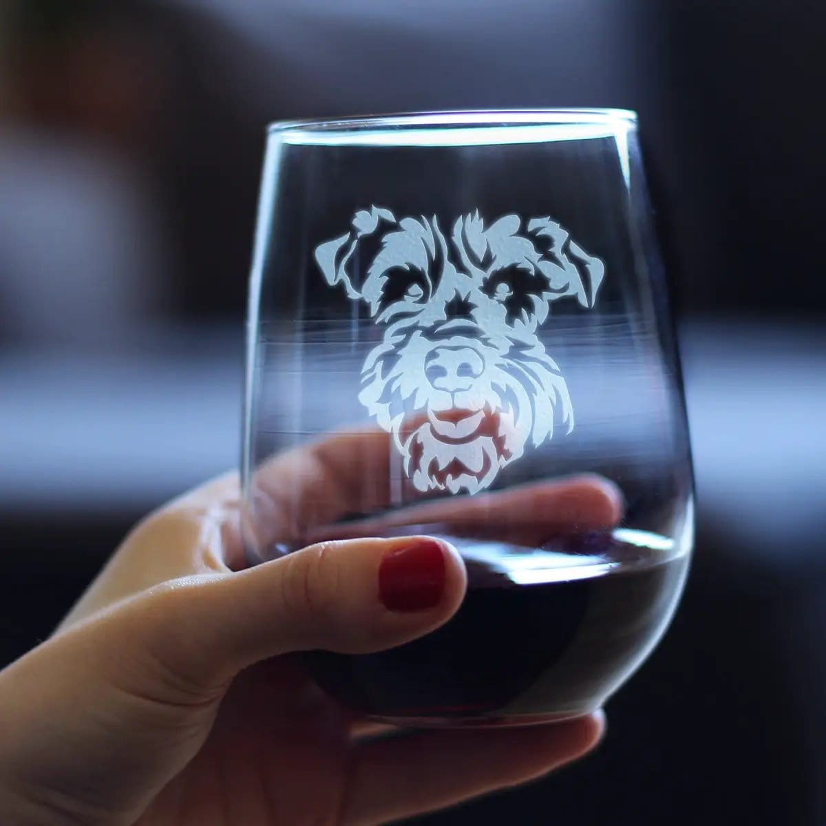 Etched Stemless Wine Glass | 17 oz | Dishwasher Safe | Schnauzer Face