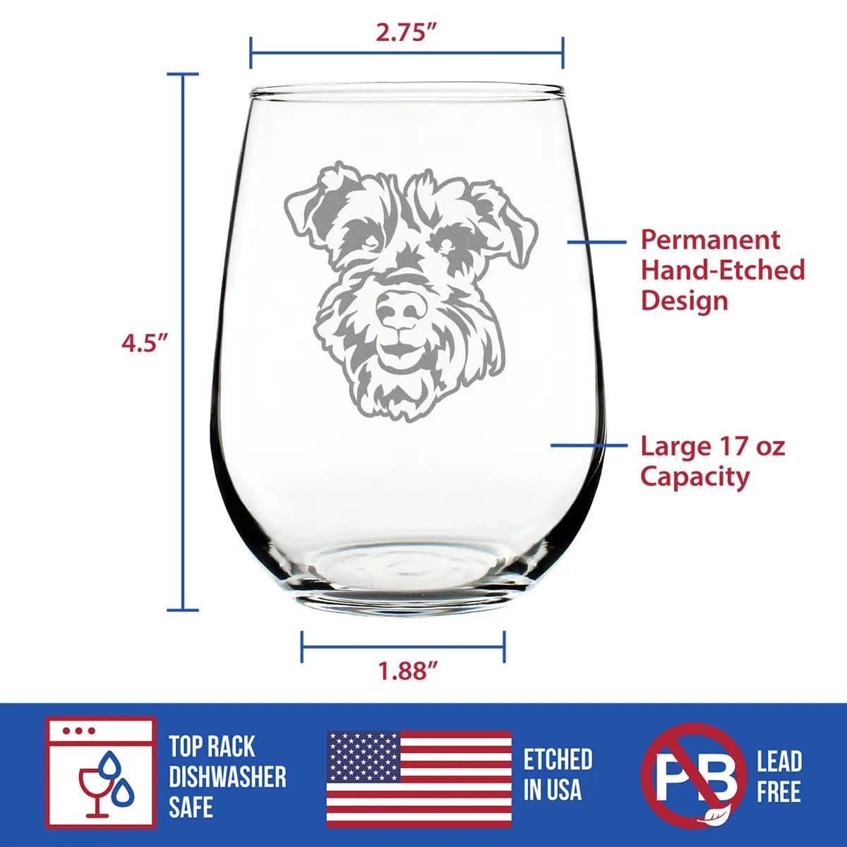 Etched Stemless Wine Glass | 17 oz | Dishwasher Safe | Schnauzer Face