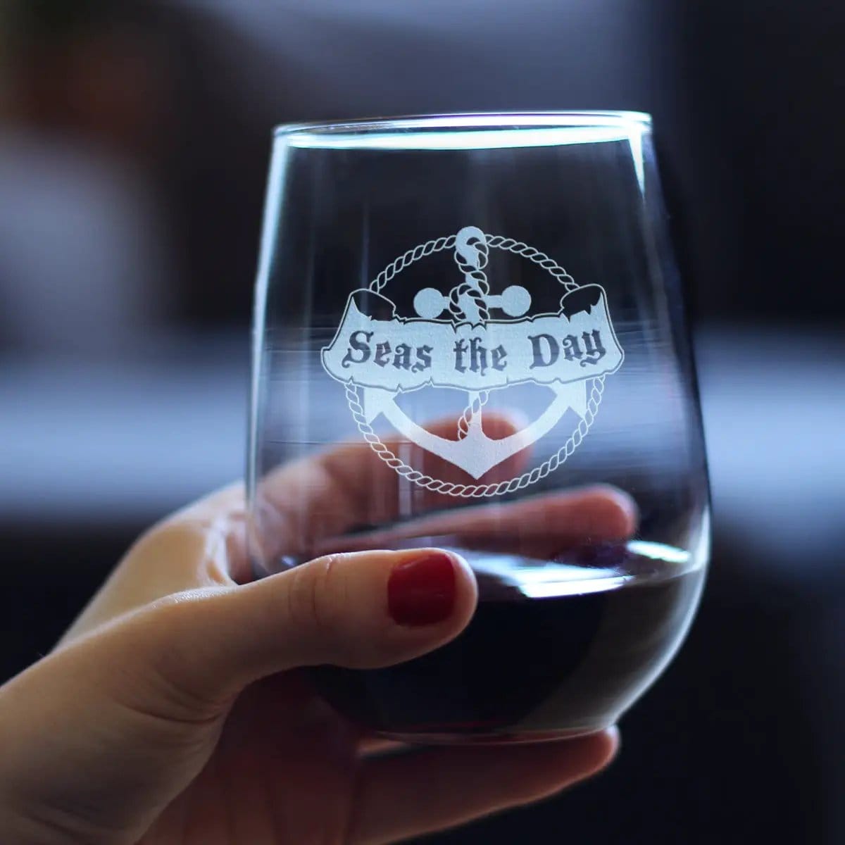 Etched Stemless Wine Glass | 17 oz | Dishwasher Safe | Seas the Day