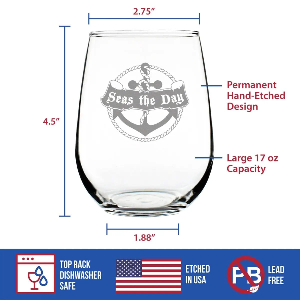 Etched Stemless Wine Glass | 17 oz | Dishwasher Safe | Seas the Day