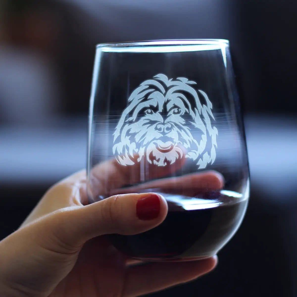Etched Stemless Wine Glass | 17 oz | Dishwasher Safe | Shih Tzu Face