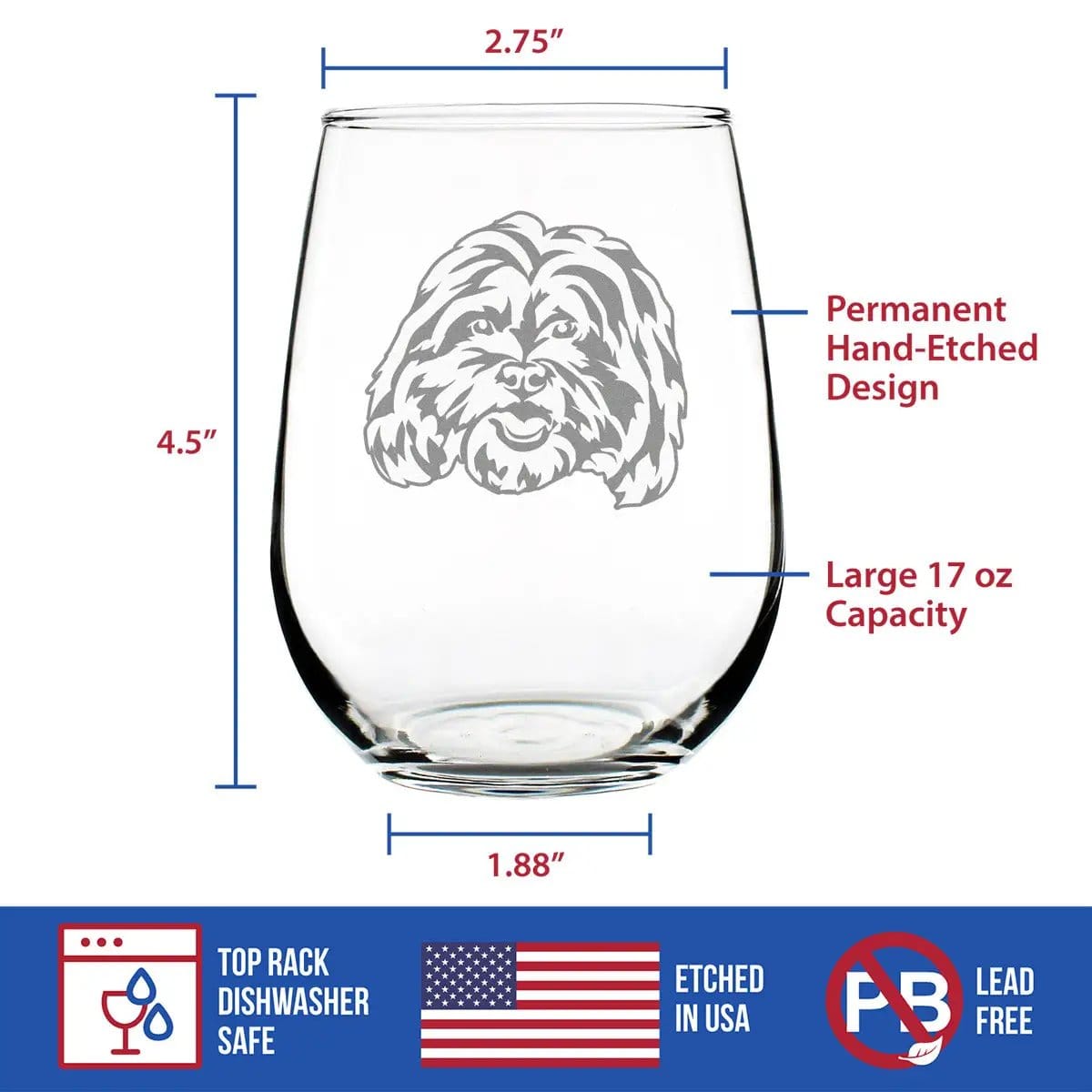 Etched Stemless Wine Glass | 17 oz | Dishwasher Safe | Shih Tzu Face