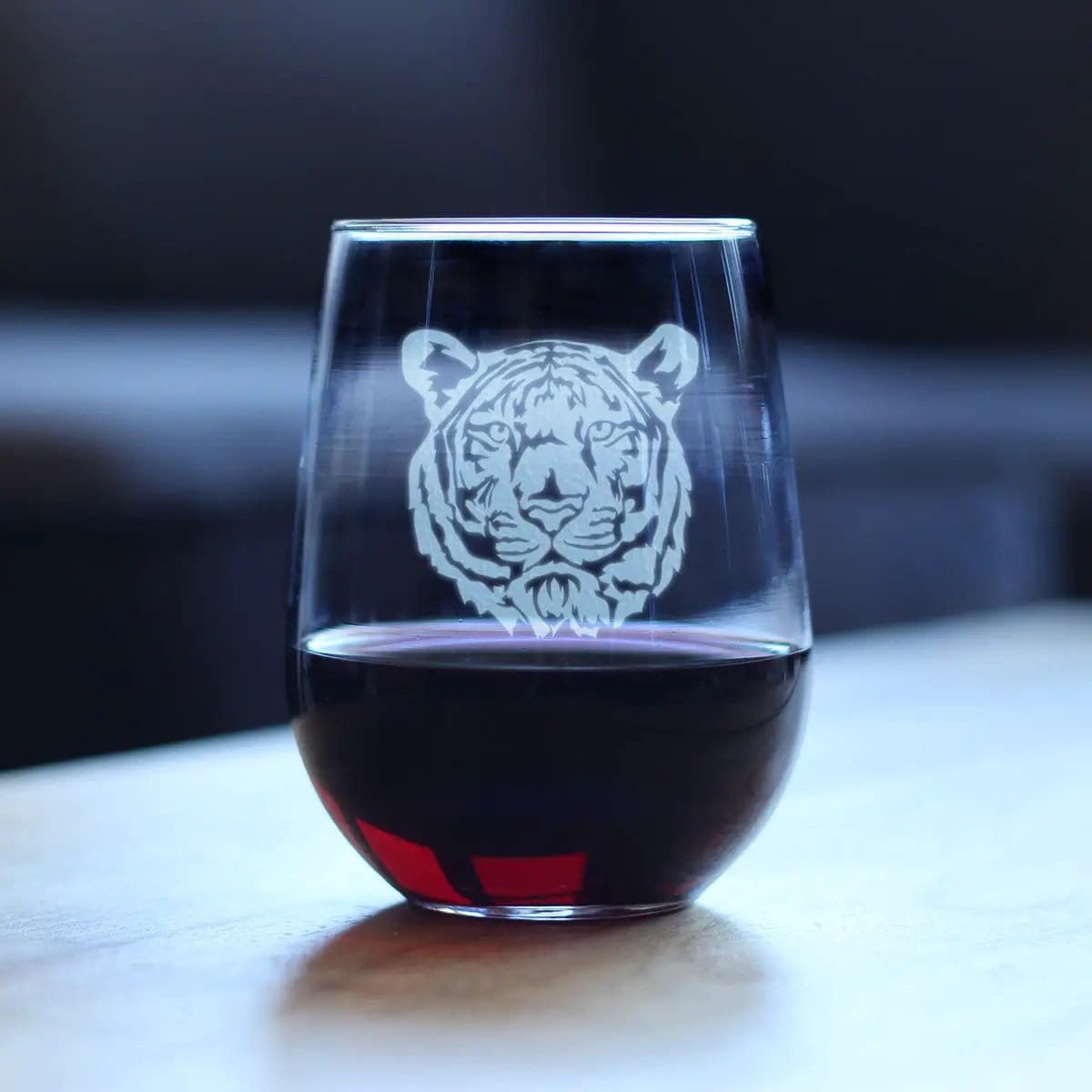 Etched Stemless Wine Glass | 17 oz | Dishwasher Safe | Tiger Face