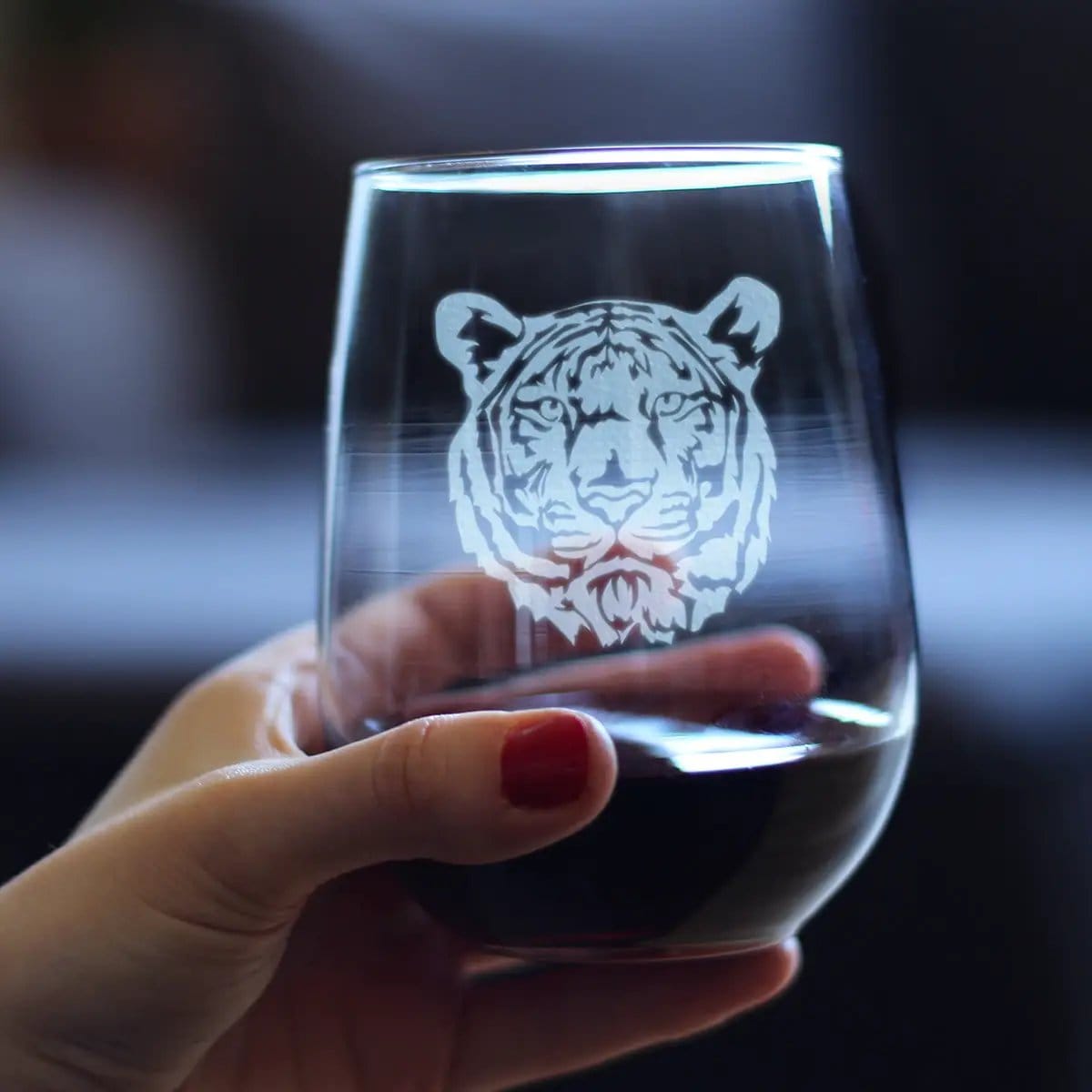 Etched Stemless Wine Glass | 17 oz | Dishwasher Safe | Tiger Face
