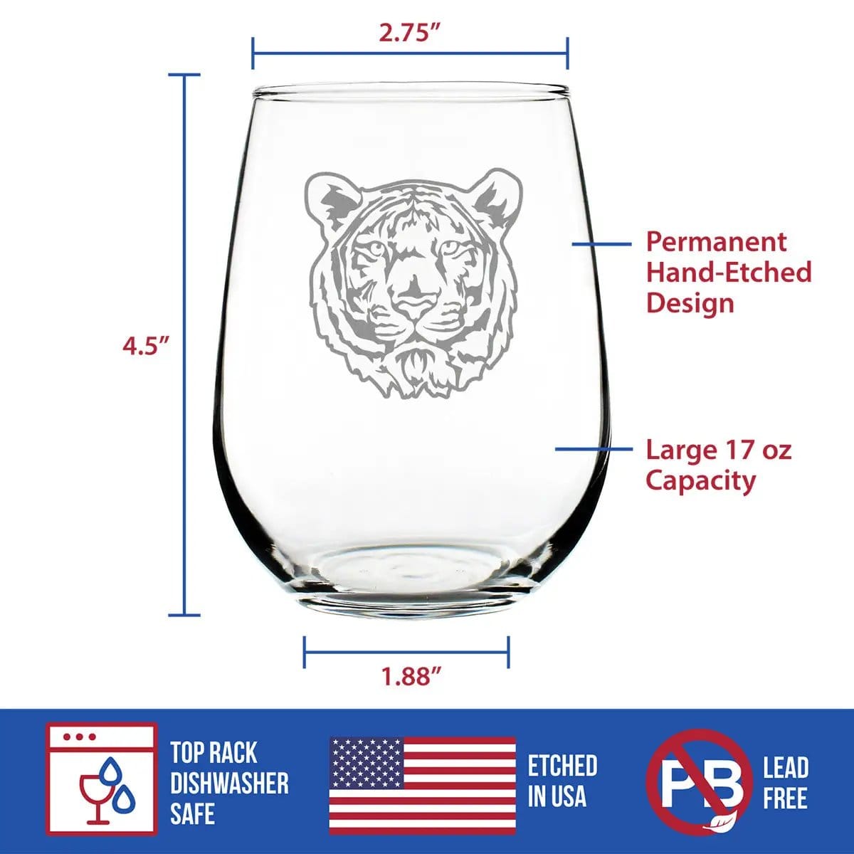 Etched Stemless Wine Glass | 17 oz | Dishwasher Safe | Tiger Face
