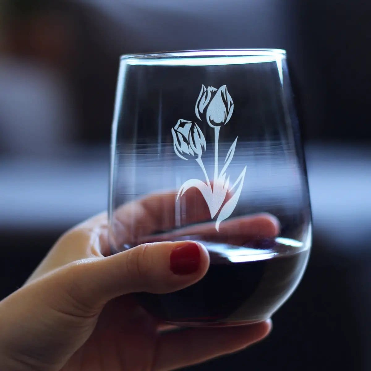 Etched Stemless Wine Glass | 17 oz | Dishwasher Safe | Tulip